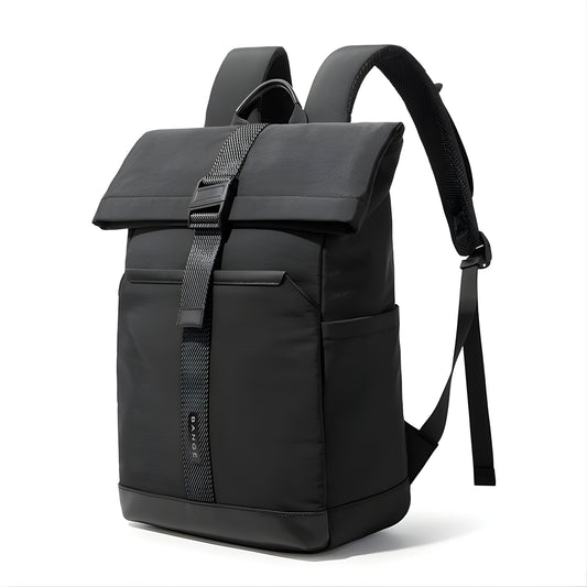 BANGE black waterproof roll-top backpack with woven strap and padded shoulder straps