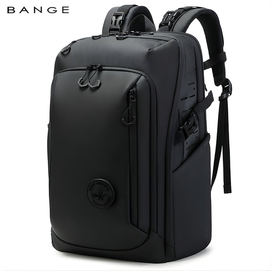BANGE black large capacity waterproof travel backpack with carabiner clips and multiple compartments