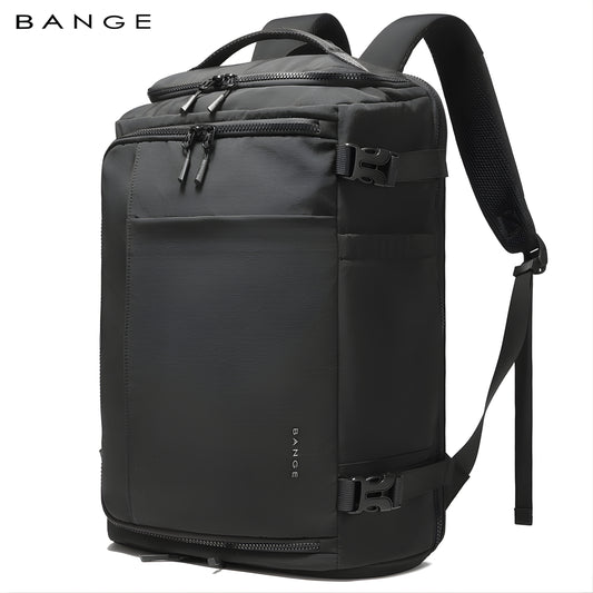 BANGE dark black expandable travel backpack with top zipper and side carry handle
