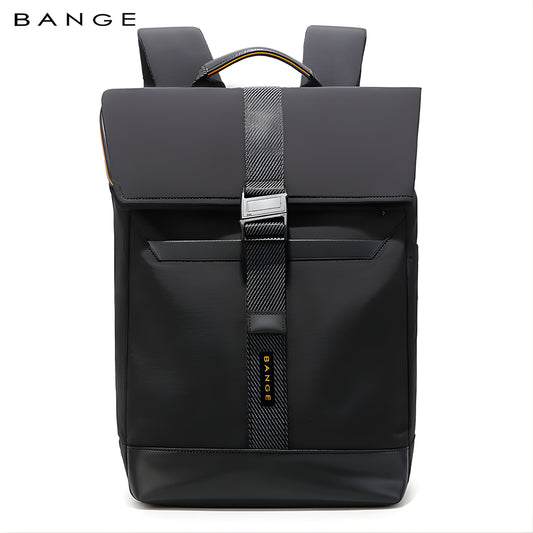 BANGE black leather business backpack with woven strap detail and top carry handle