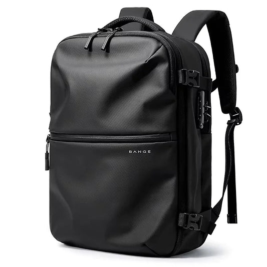 Aurex sleek black travel backpack by BANGE with front zipper pocket and water-resistant finish, ideal for business and daily use.