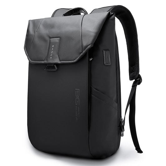Black BANGE backpack with flap top, USB port, ergonomic straps, and water-resistant sleek design.