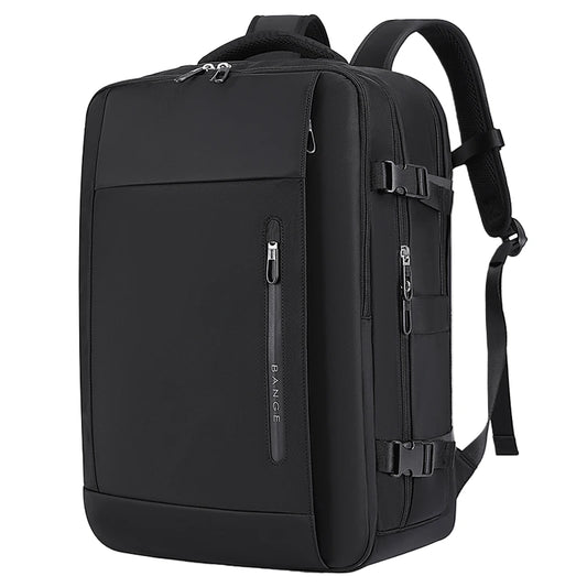 BANGE Solix 1801 black waterproof travel backpack side view showing compression straps, zippered compartments, and padded shoulder straps on a white background