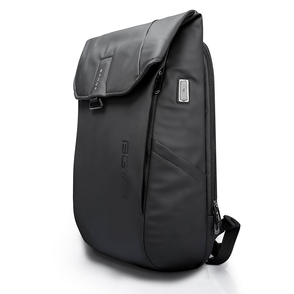 Side view of black BANGE backpack with flap top, USB port, and modern slim water-resistant design.