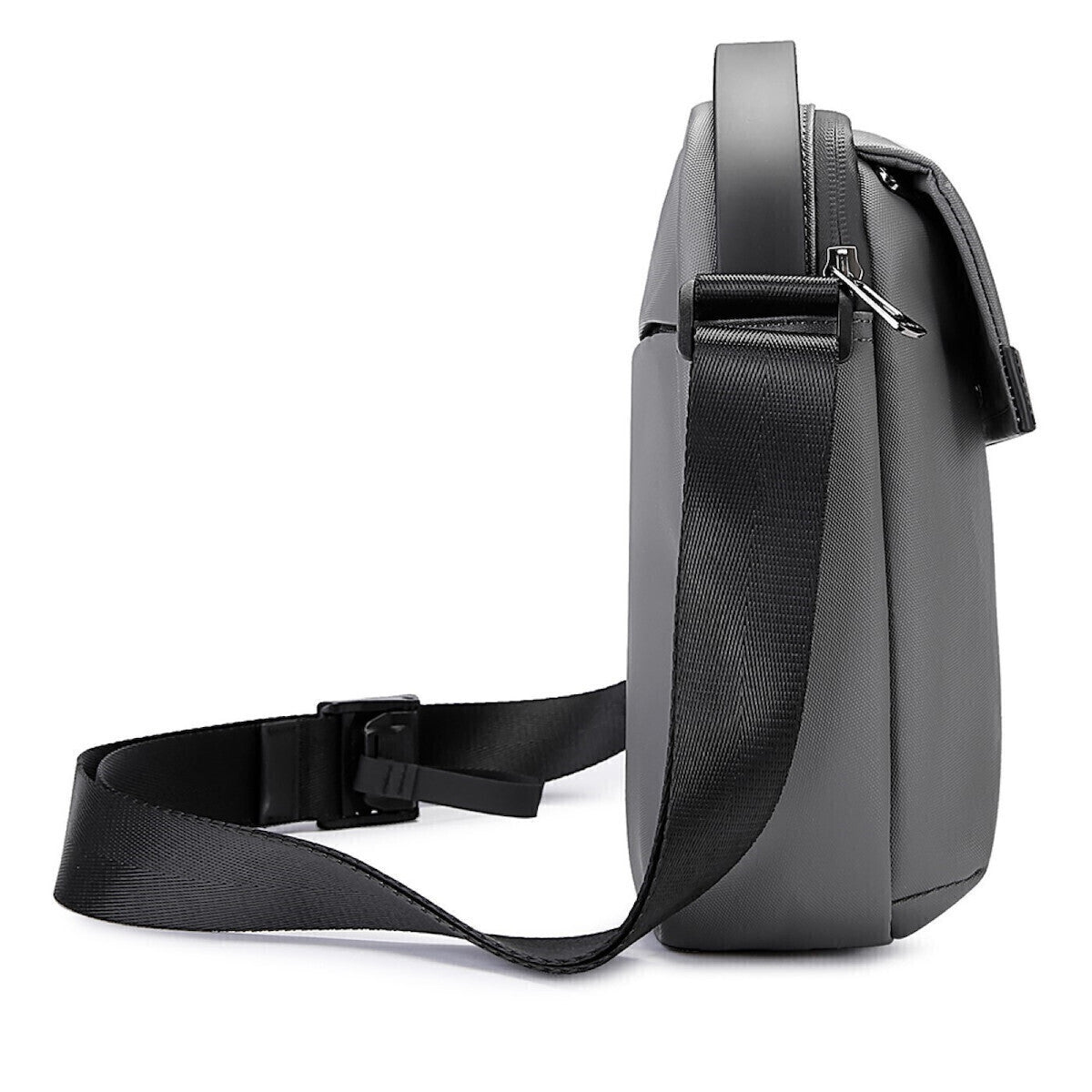 Side view of Nytra BANGE 2876 gray crossbody bag highlighting its slim profile and adjustable strap for comfort.