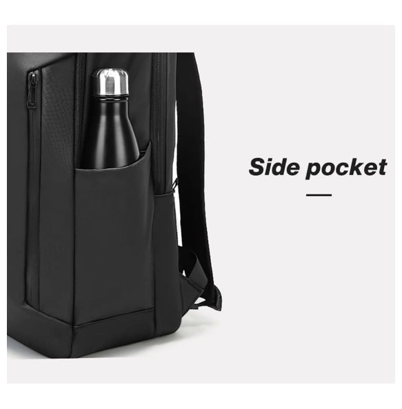 Rynex BANGE BG-3057 black side angle, lightweight minimalist backpack, with side pocket