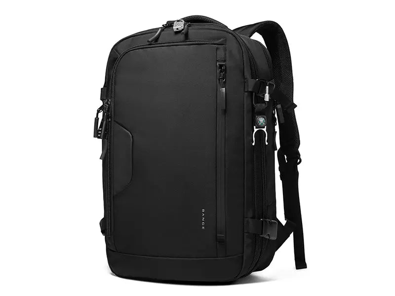 BANGE BG-22039 Tenra backpack, front view — minimalist waterproof black laptop bag with 15.6-inch compartment, durable Oxford fabric, and modern urban design.