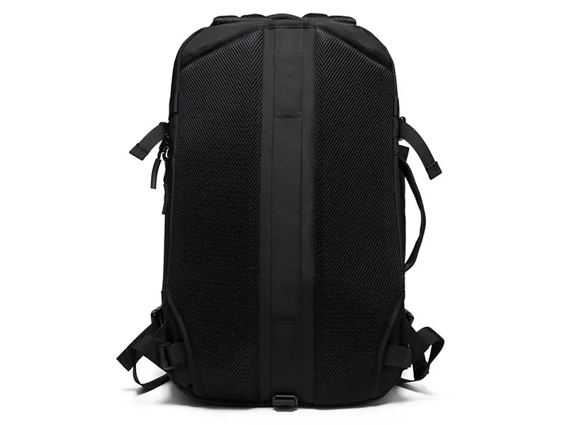 Tenra BANGE BG-22039 black backpack back view, breathable back panel and adjustable straps, comes with rain cover for waterproof protection