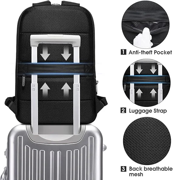 Ontra-BANGE BG-77115 black backpack back, ergonomic support and reinforced stitching, perfect for business travel or daily urban use