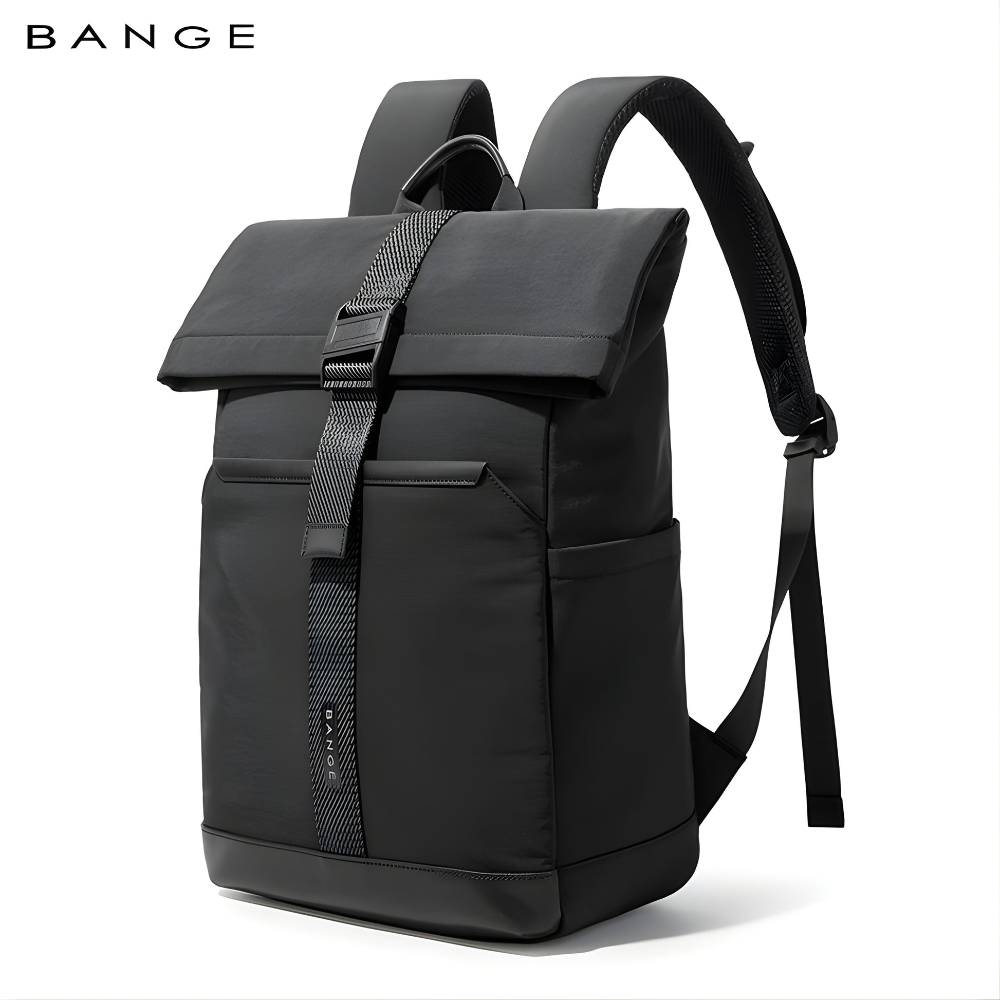 BANGE black waterproof roll-top backpack with woven strap and padded shoulder straps