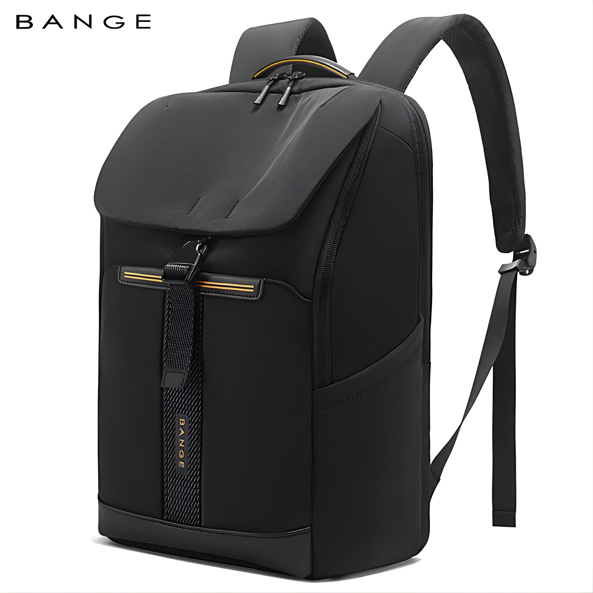 BANGE black waterproof laptop backpack with gold zipper accents and anti-theft flap closure