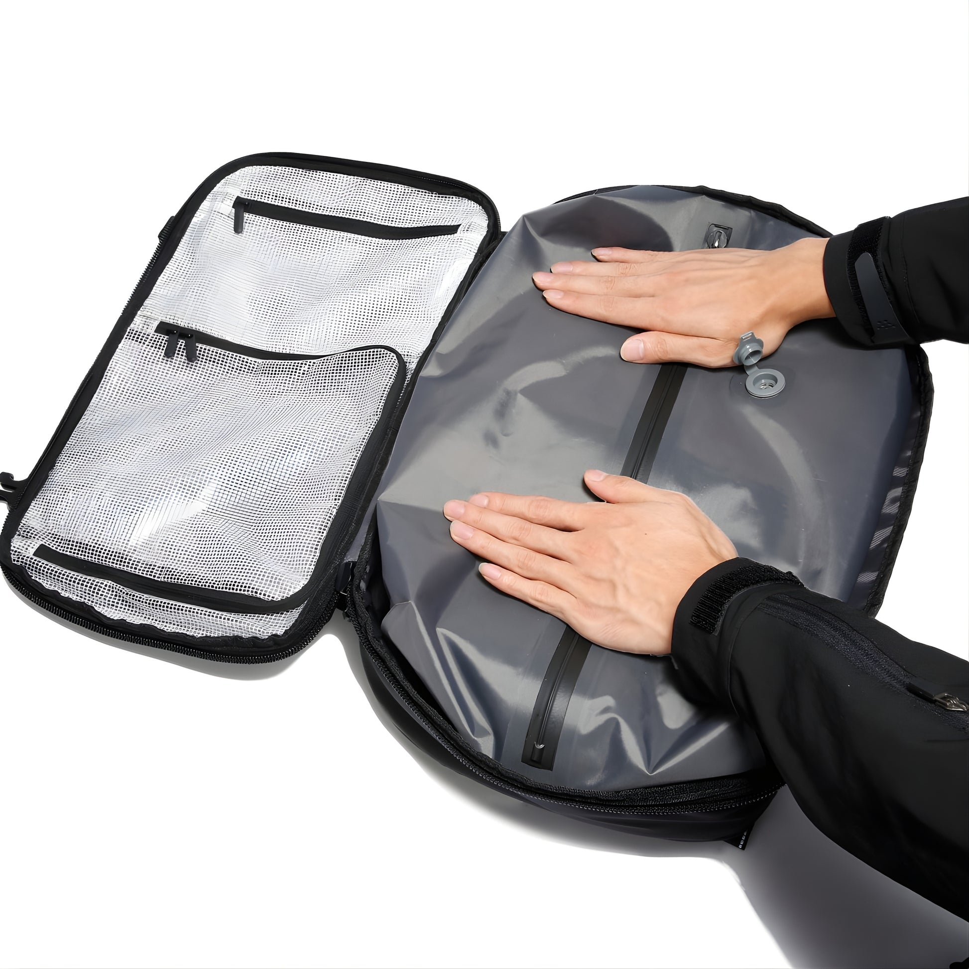 Lemi: 40L Travel Outdoor Carry-On Backpack with Air Compression 17″ laptop — lifestyle shot