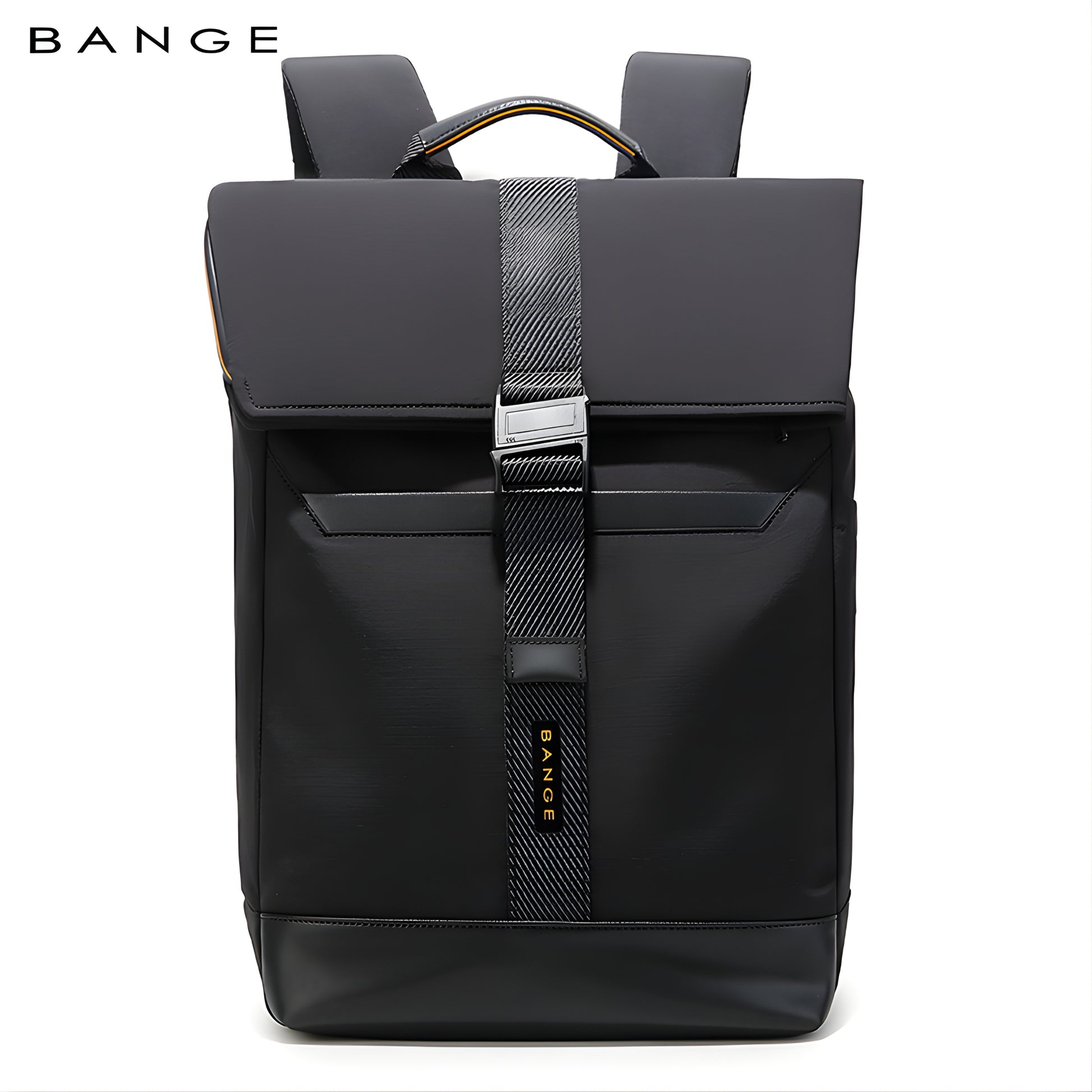 BANGE black leather business backpack with woven strap detail and top carry handle