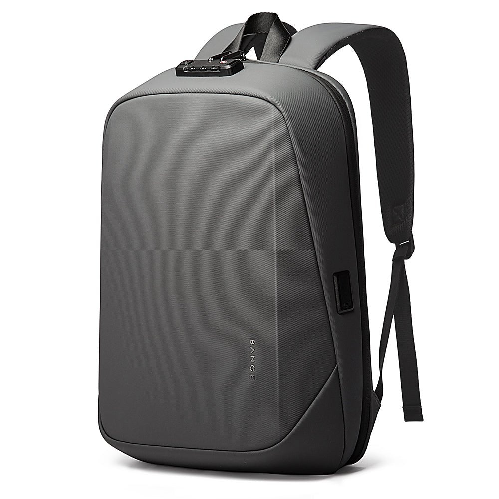 Sleek black BANGE anti-theft backpack with TSA lock, USB charging port, and minimalist hard-shell design.