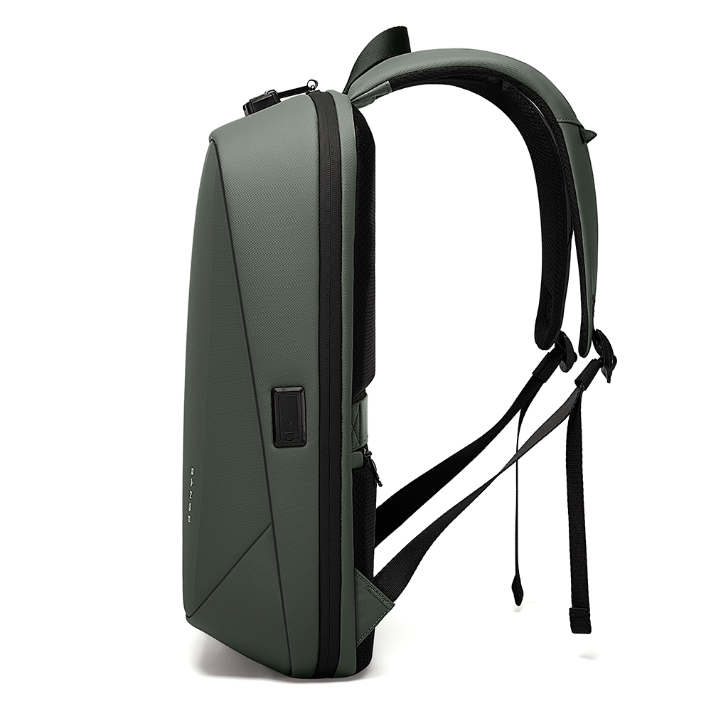 Side of olive green BANGE backpack with USB port, padded straps, and geometric anti-theft shell.