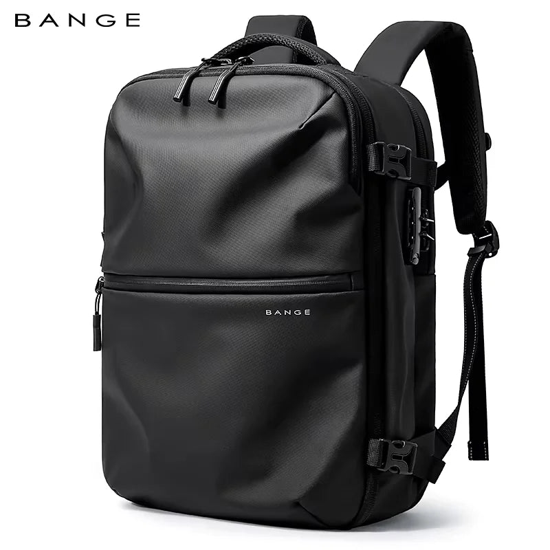 Aurex sleek black travel backpack by BANGE with front zipper pocket and water-resistant finish, ideal for business and daily use.