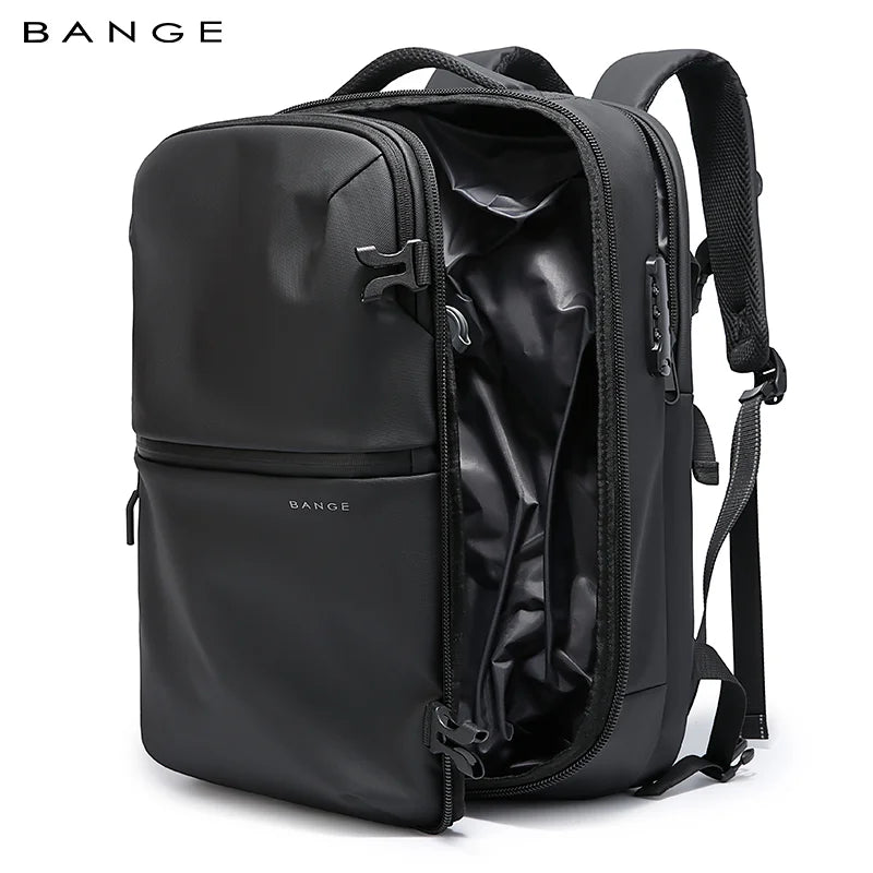 Aurex backpack partially open to reveal spacious main compartment with waterproof lining, perfect for organized travel storage.