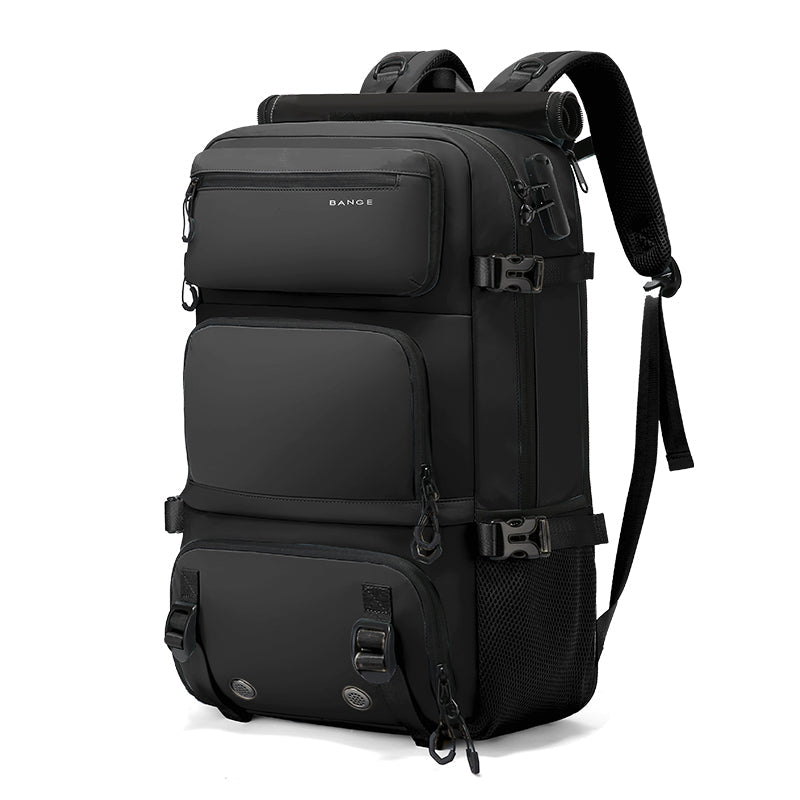 BANGE 1810 black anti-theft travel backpack left side view on a white background