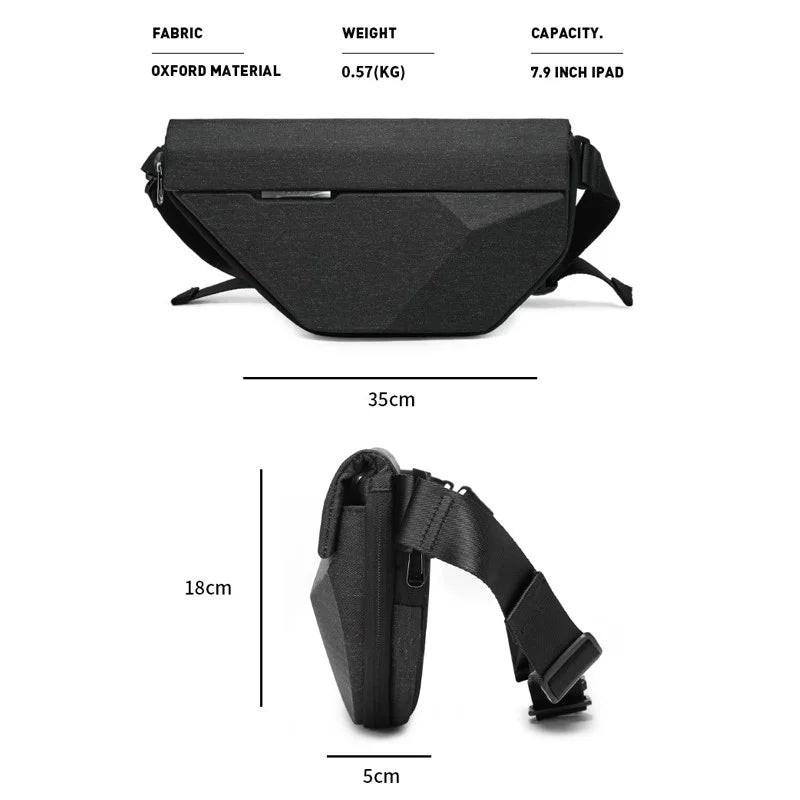 Bange Zynox BG-7502 water-resistant chest bag multiple angle view with dimesions