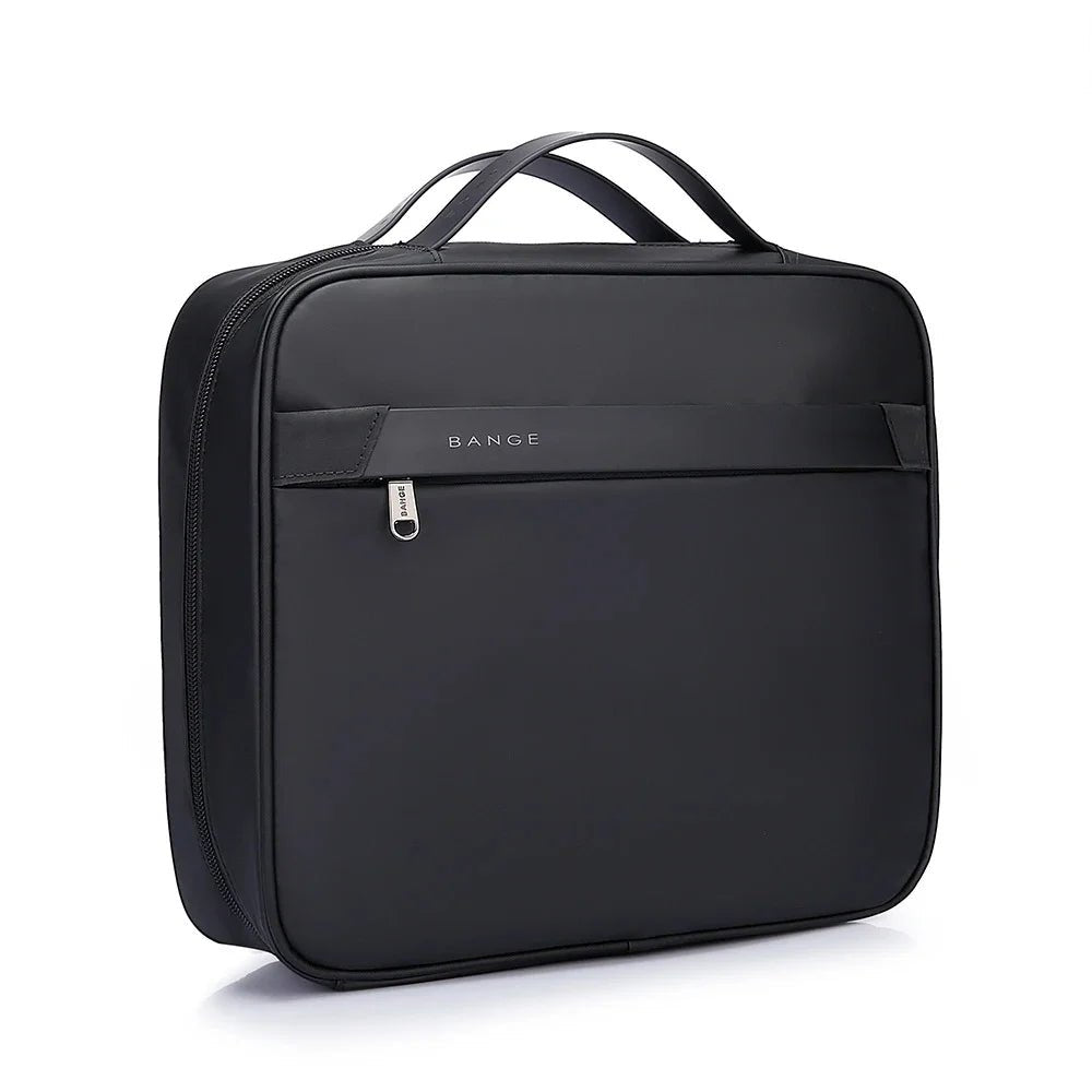 Front view of black BANGE BG-7529 travel garment bag with square structured design, top carry handles, and front zipper pocket on a white background