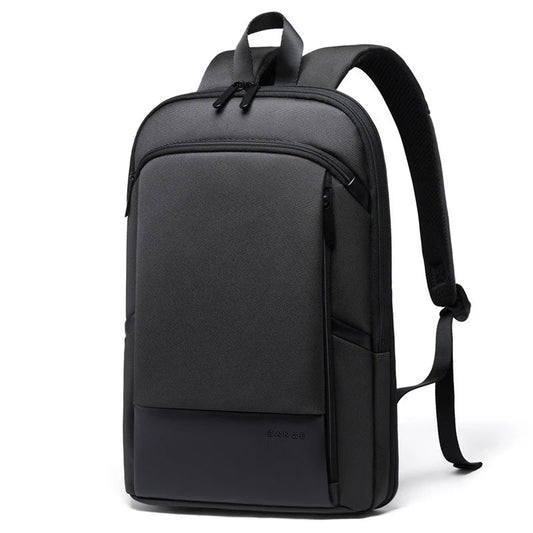 Front view of black BANGE BG-77115 Ontra backpack with slim minimalist design, smooth front panel, and padded shoulder straps
