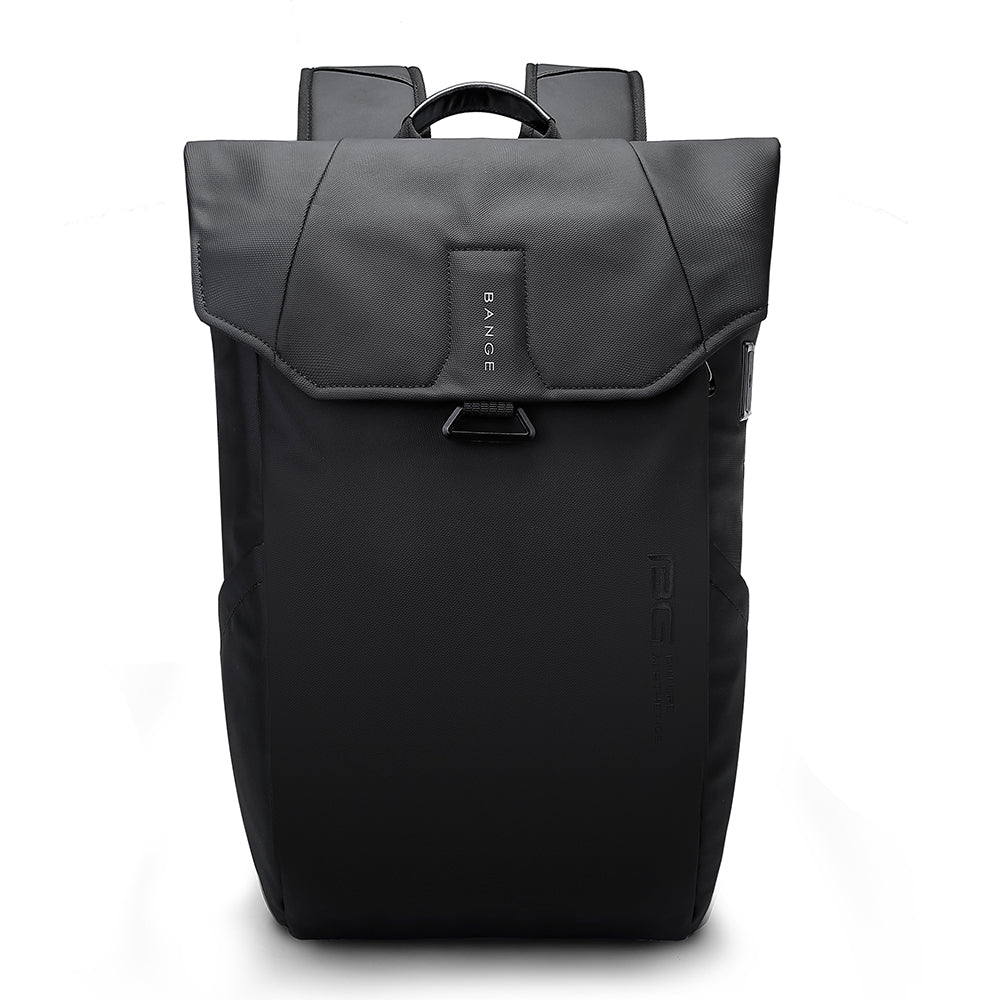 Front view of black BANGE flap-top backpack with top handle and water-resistant finish on a white background