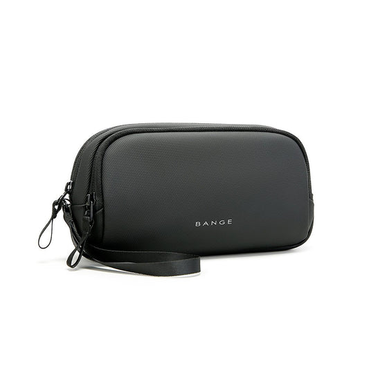 Front view of a black travel case with a wrist strap on a white background, showing the BANGE logo