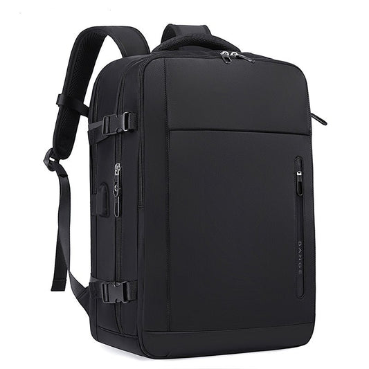 BANGE black waterproof travel backpack front view showing a structured rectangular design, zippered front pocket, and adjustable shoulder straps on a white background