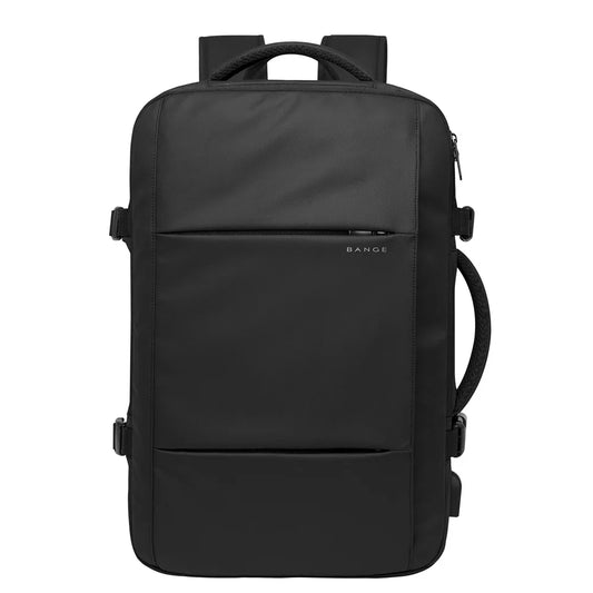 Front view of a black BANGE Coreva backpack with visible logo on a white background
