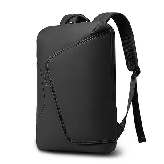 BANGE Orbix 2913 black anti-scratch waterproof backpack front view with a sleek curved zipper design and padded shoulder straps on a white background