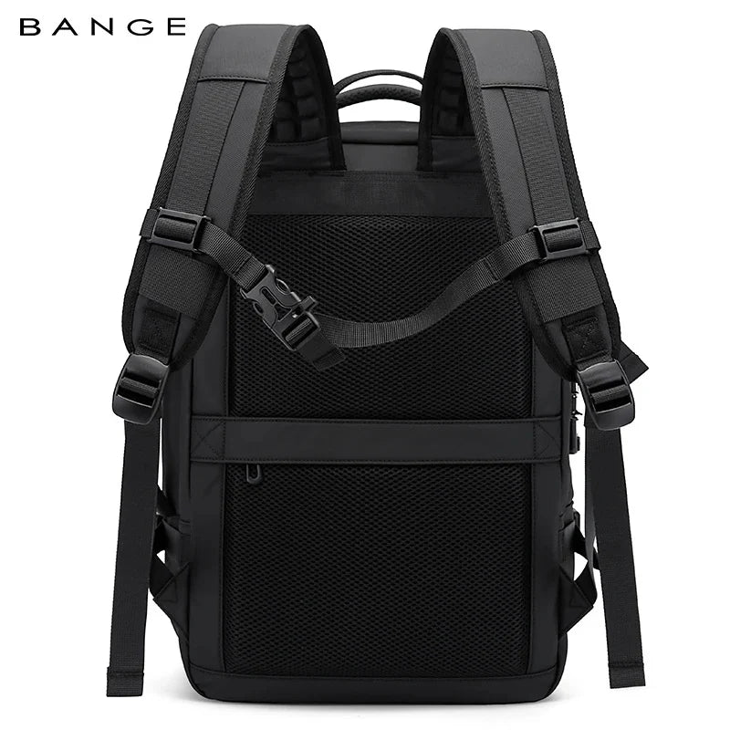 Back view of BANGE 3028 model expandable travel backpack with breathable mesh padding, adjustable shoulder straps, and chest buckle